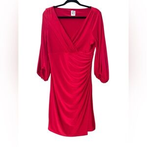 Anne Klein Red balloon sleeve faux wrap dress